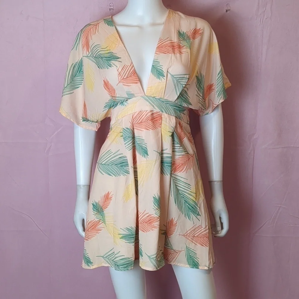 Orange Tropical Palm Tree Plunging V Neck Tie Open Back Summer Mini Dress Medium